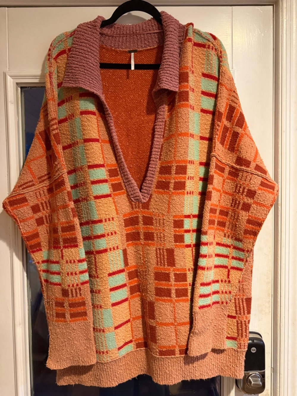 Free People V-Neck Plaid Sweater Peach rich comfy vacation academia boho western